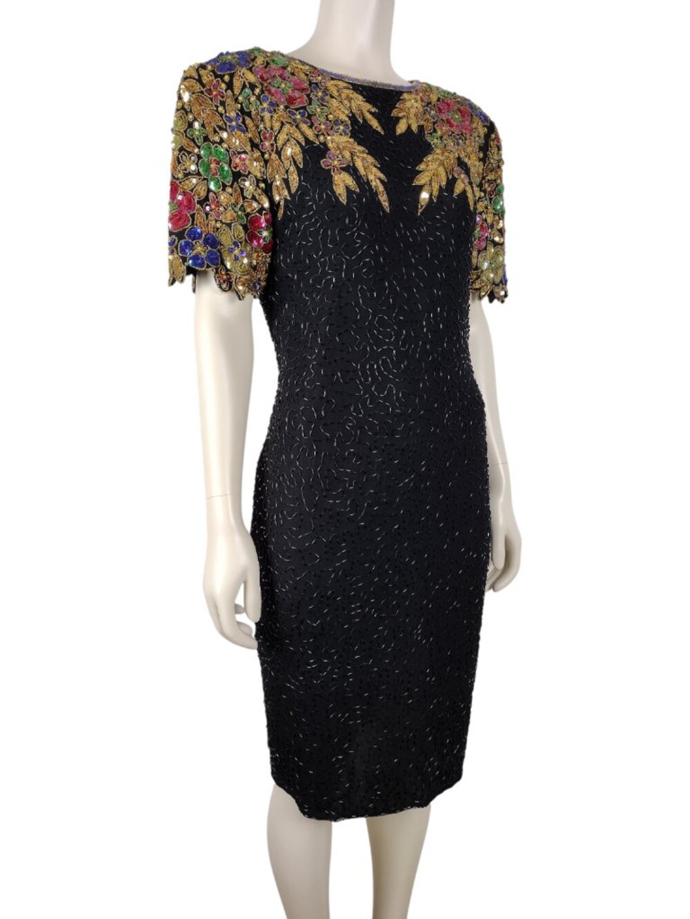 Vintage 1980s 100% Silk Black Beaded Multicolored Sequin Sheath Midi Dress 8